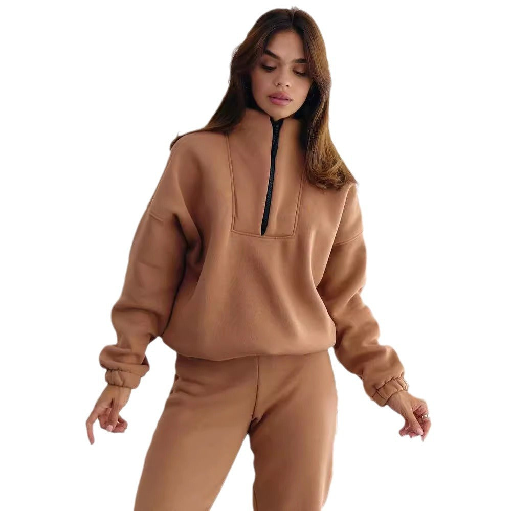 Damen Athleisure-Zweiteiler aus dickem French-Terry mit hohem Stehkragen, halbem Reißverschluss und Tunnelzughose Chichicherry