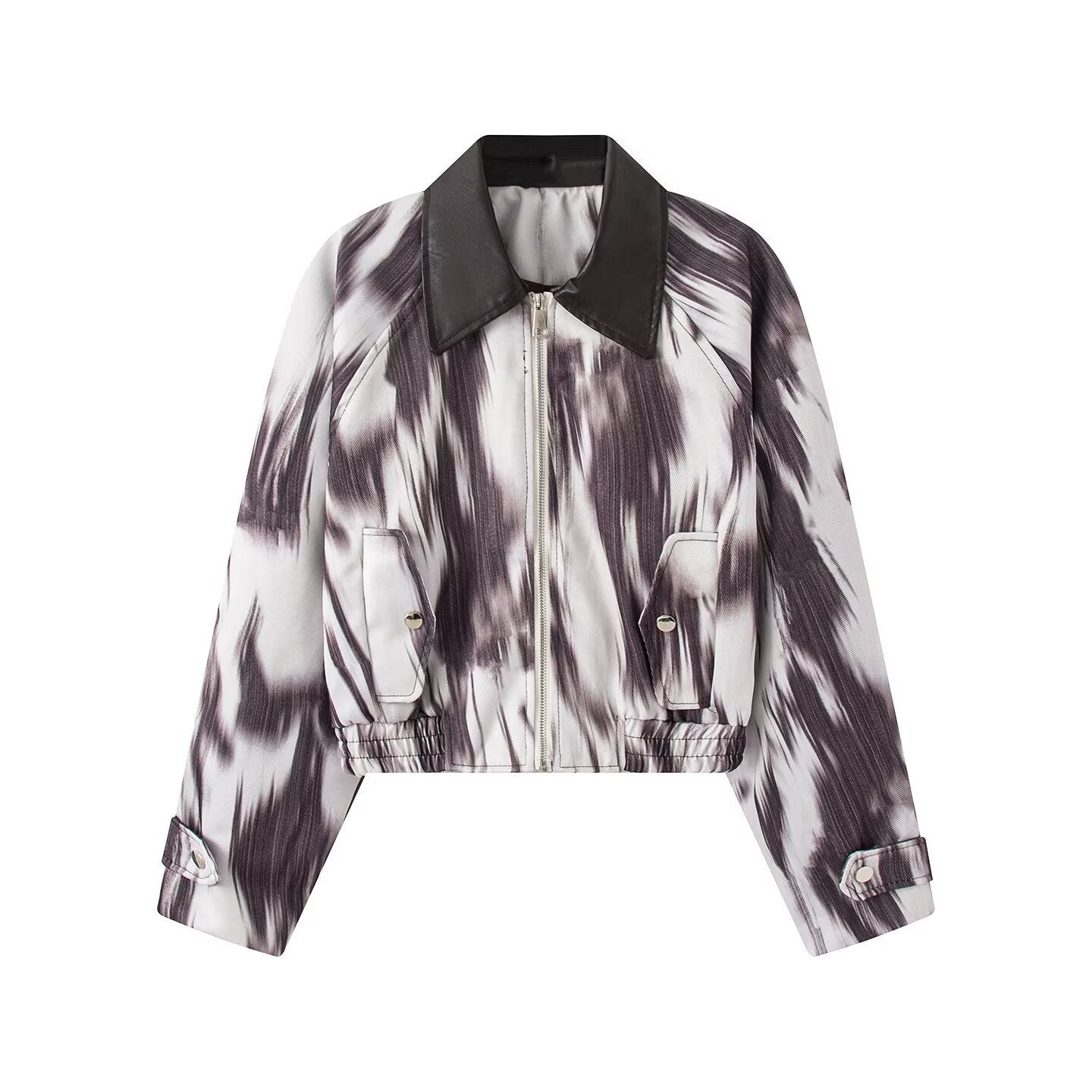 Women's Short Bomber Jacket in Cropped Style with Contrasted Faux Leather Collar and Abstract Print Chichicherry