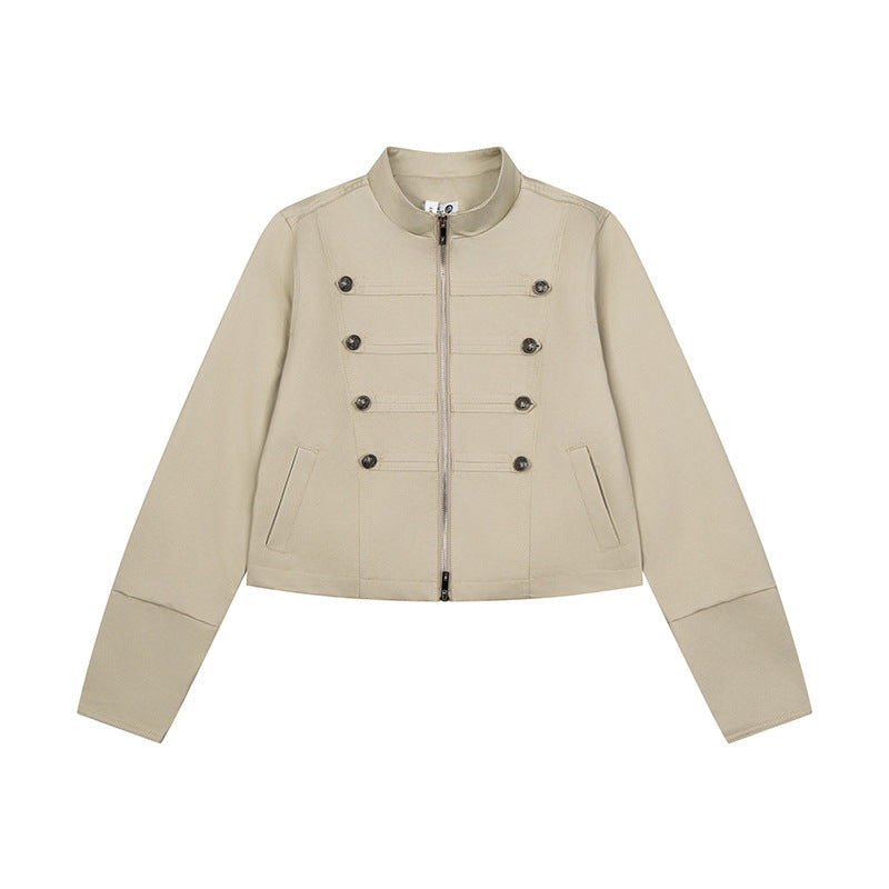 Women's short tailored military jacket with stand-up collar, decorative button rows, and two-way zipper Chichicherry