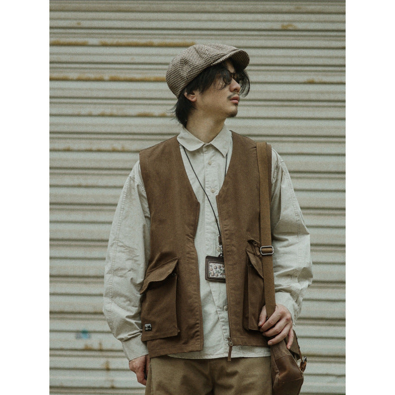 Herren Multifunktionale Canvas-Utility-Weste mit Fronttaschen und Reißverschluss Chichicherry