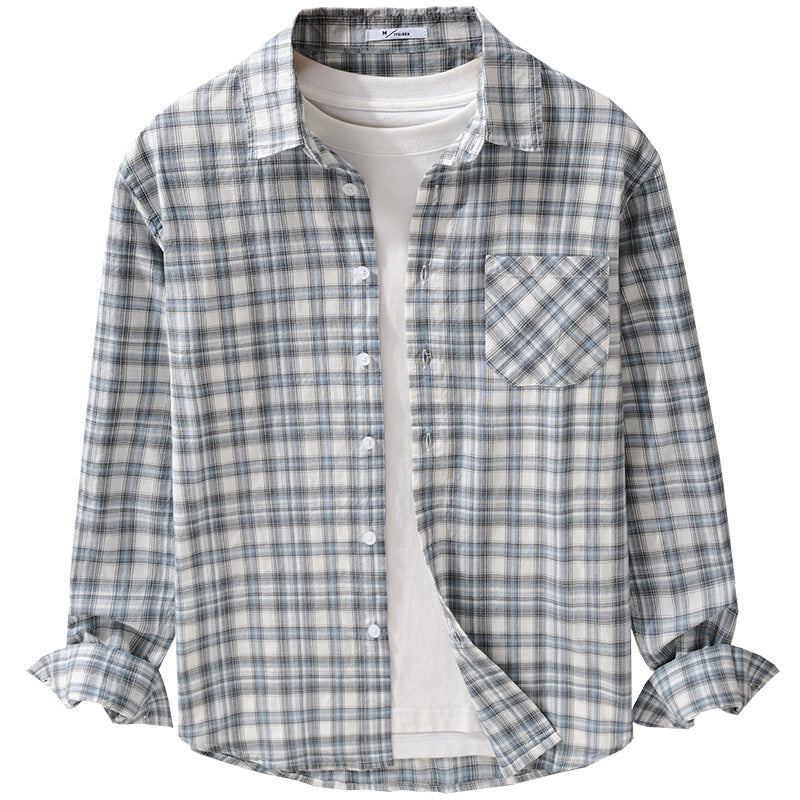 Men's Loose Check Layering Shirt made of lightweight cotton blend with diagonal patterned patch pocket Chichicherry