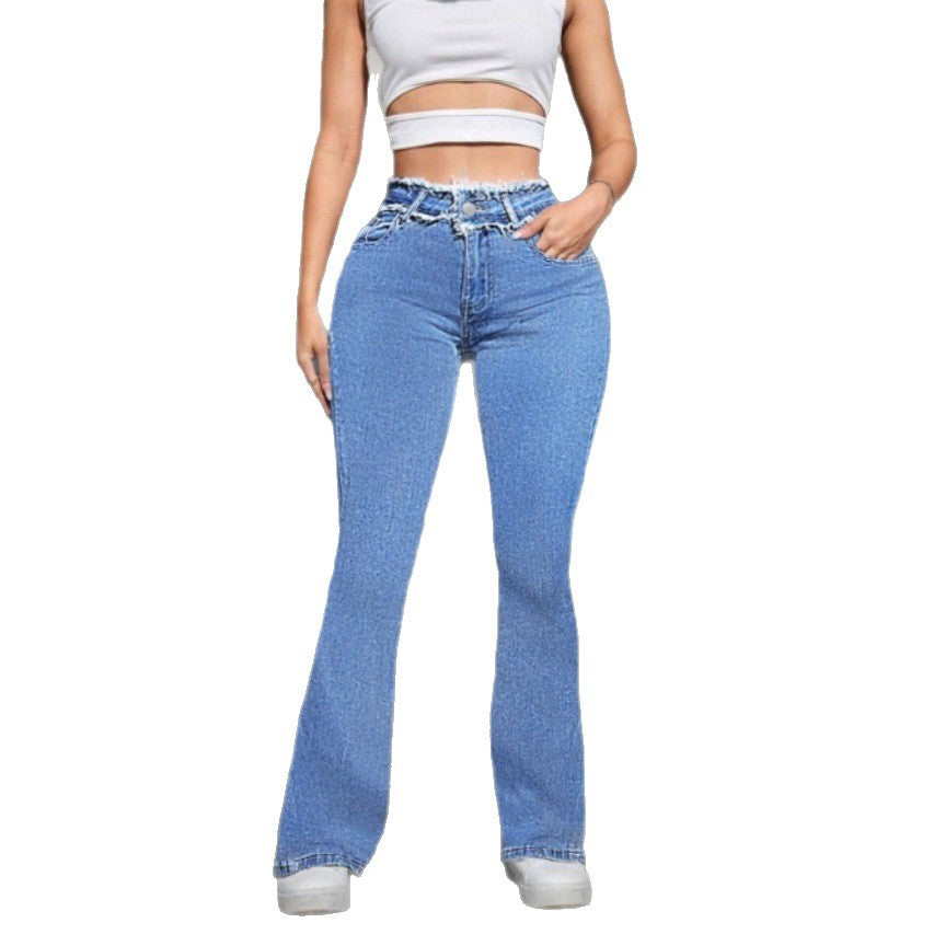 Women High-Waisted Sculpting Flared Jeans with Gathered Waistband and Figure-Shaping Fit Chichicherry