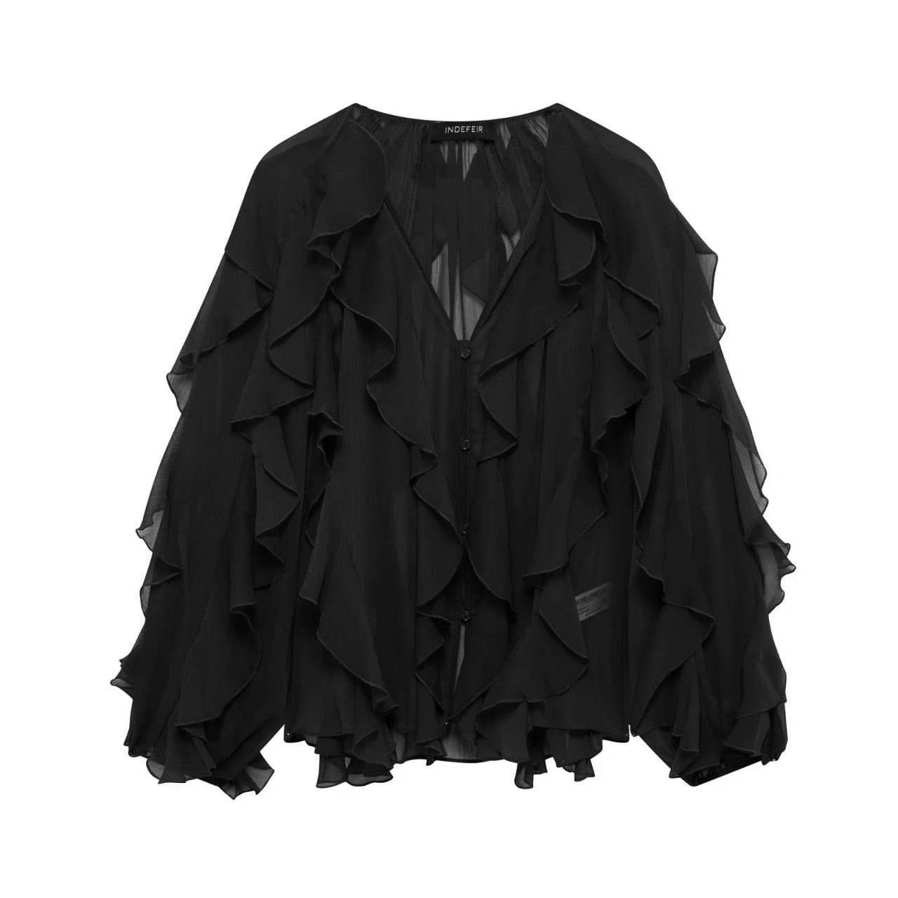 Women Chiffon Blouse with multiple ruffle frills and button placket Chichicherry
