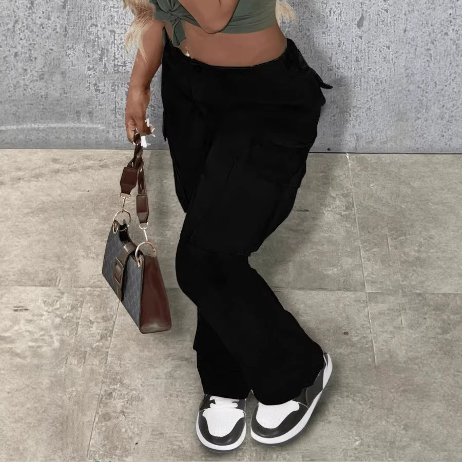 Women's Utility Cargo Pants with High Waist, Straight Leg and Side Flap Pockets Chichicherry