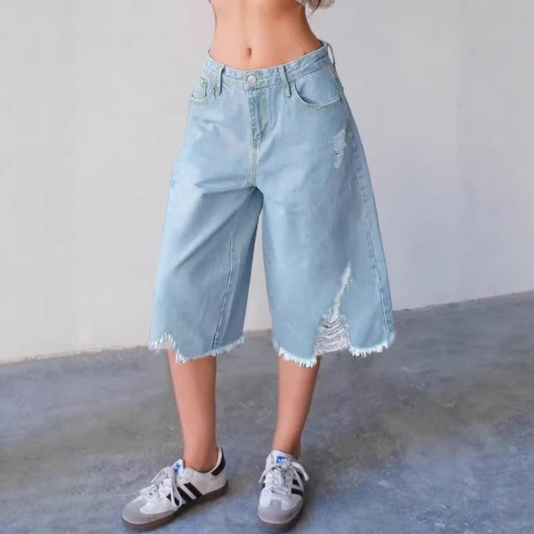 Women's Wide Denim Culotte with High Waist, Distressed Details and Raw Hem Chichicherry