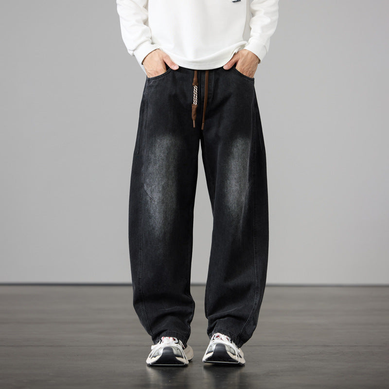Men's Baggy Denim Pants with Drawstring and Used-Wash Details Chichicherry