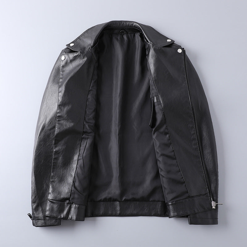 Men's Slim-Fit Faux Leather Moto Jacket with Asymmetrical Zipper and Clean Notched Lapel Chichicherry