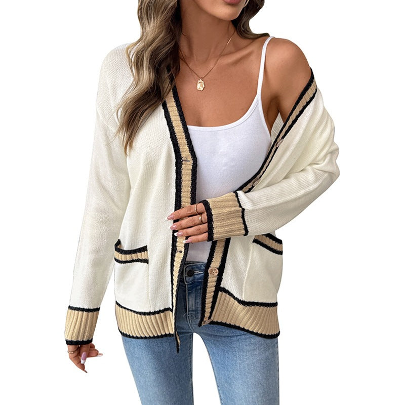 Women's Long Fine Knit Cardigan with V-Neck, Contrast Piping and Patch Pockets Chichicherry