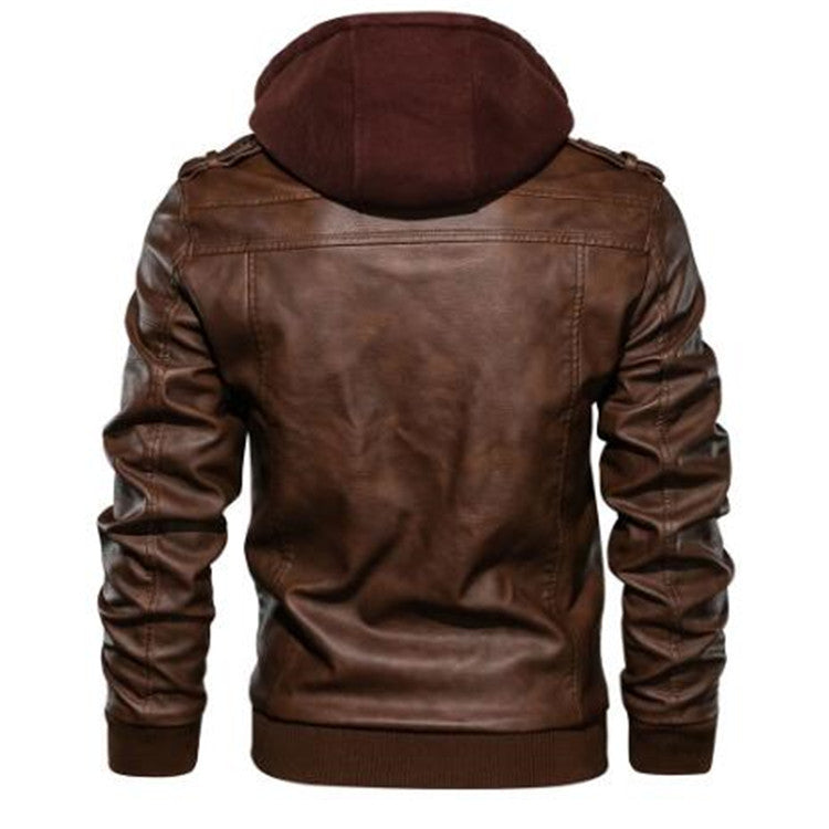 Men's Faux Leather Pilot Jacket with Hooded Lining, Zipper Pockets and Ribbed Hem Chichicherry