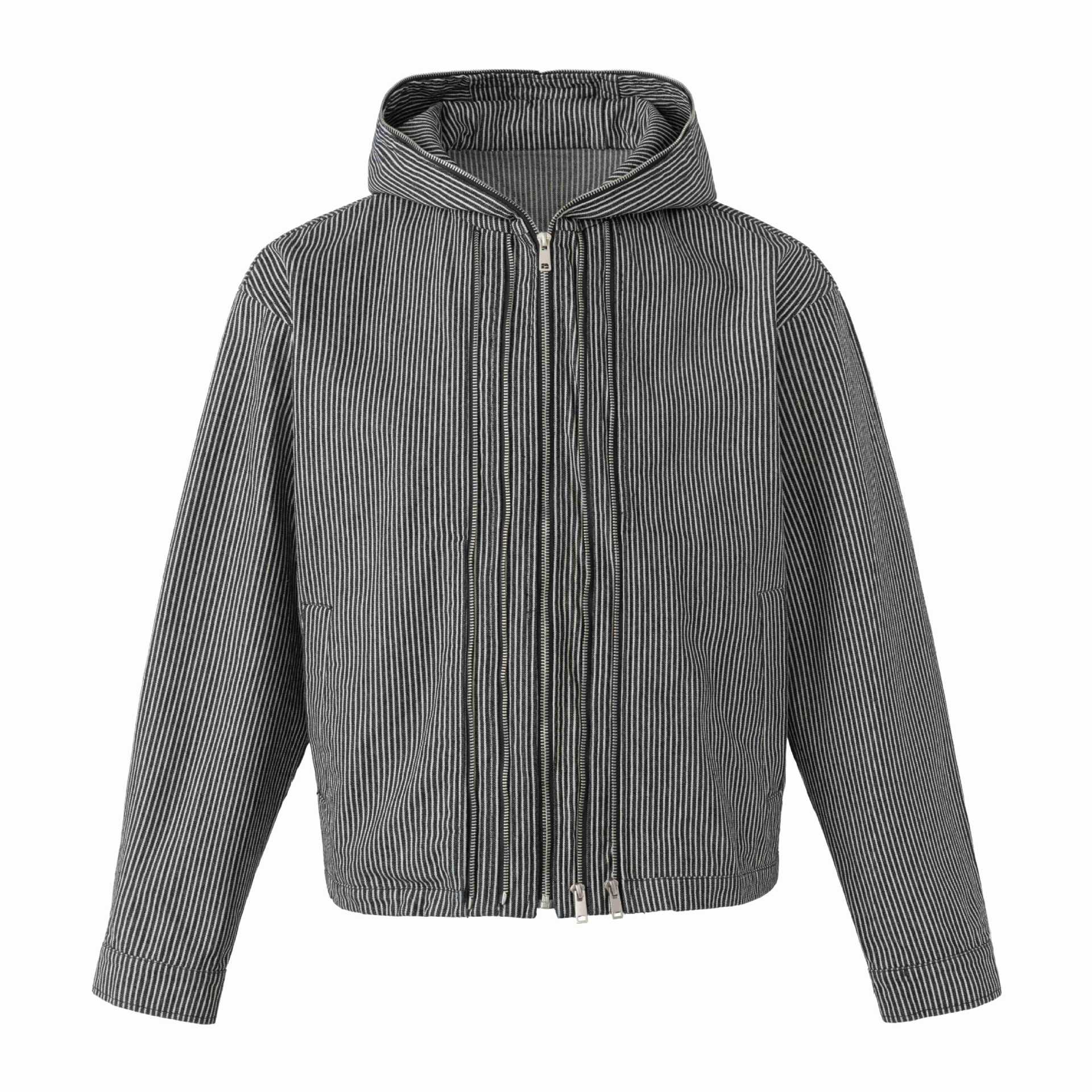 Unisex Striped Hoodie Blouson Jacket with Double Zipper and Elastic Hem Chichicherry
