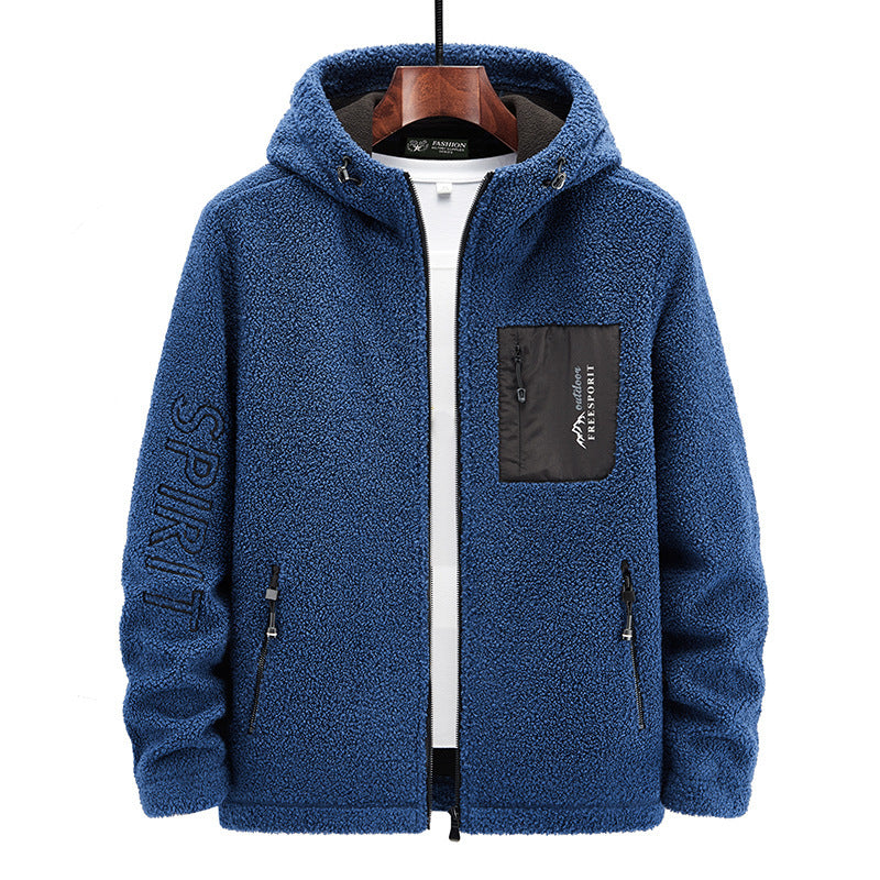 Men's teddy fleece hoodie with nylon chest pocket and two-way zipper Chichicherry