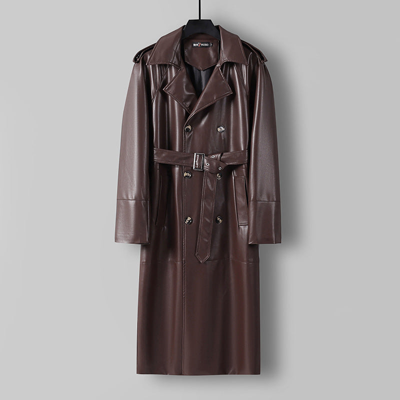 Men's Long Faux Leather Trench Coat with Double Breasted, Belted Waist and Epaulettes Chichicherry