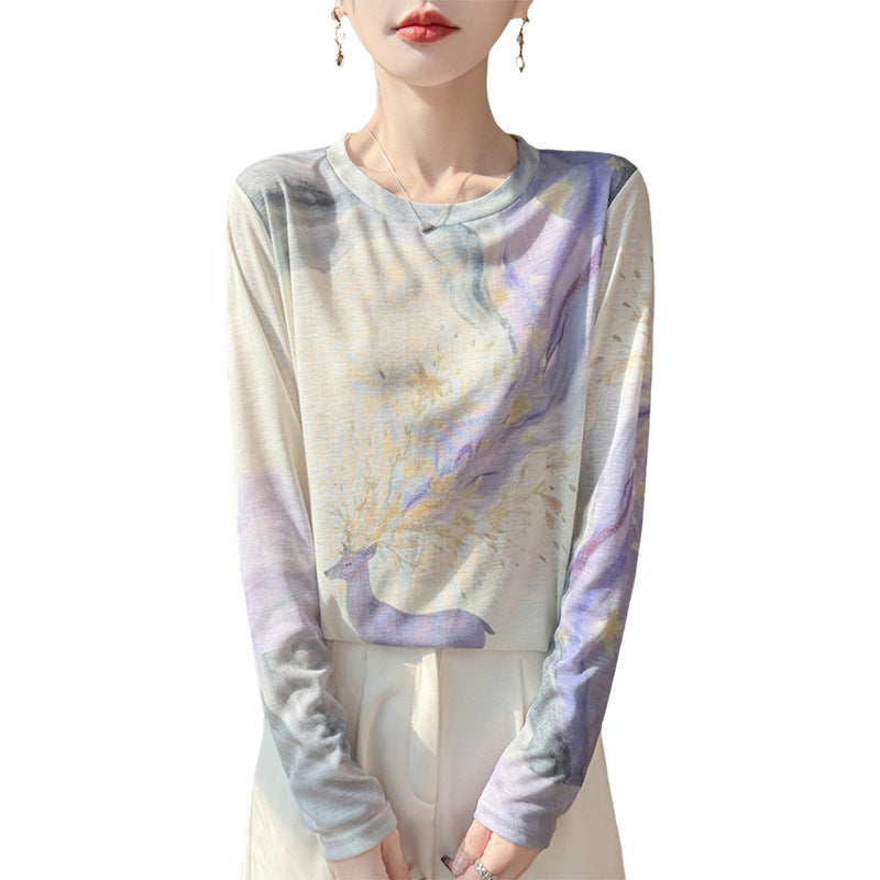 Women's Lightweight Long Sleeve Shirt made of Viscose Mix with Watercolor Print and Round Neck Chichicherry