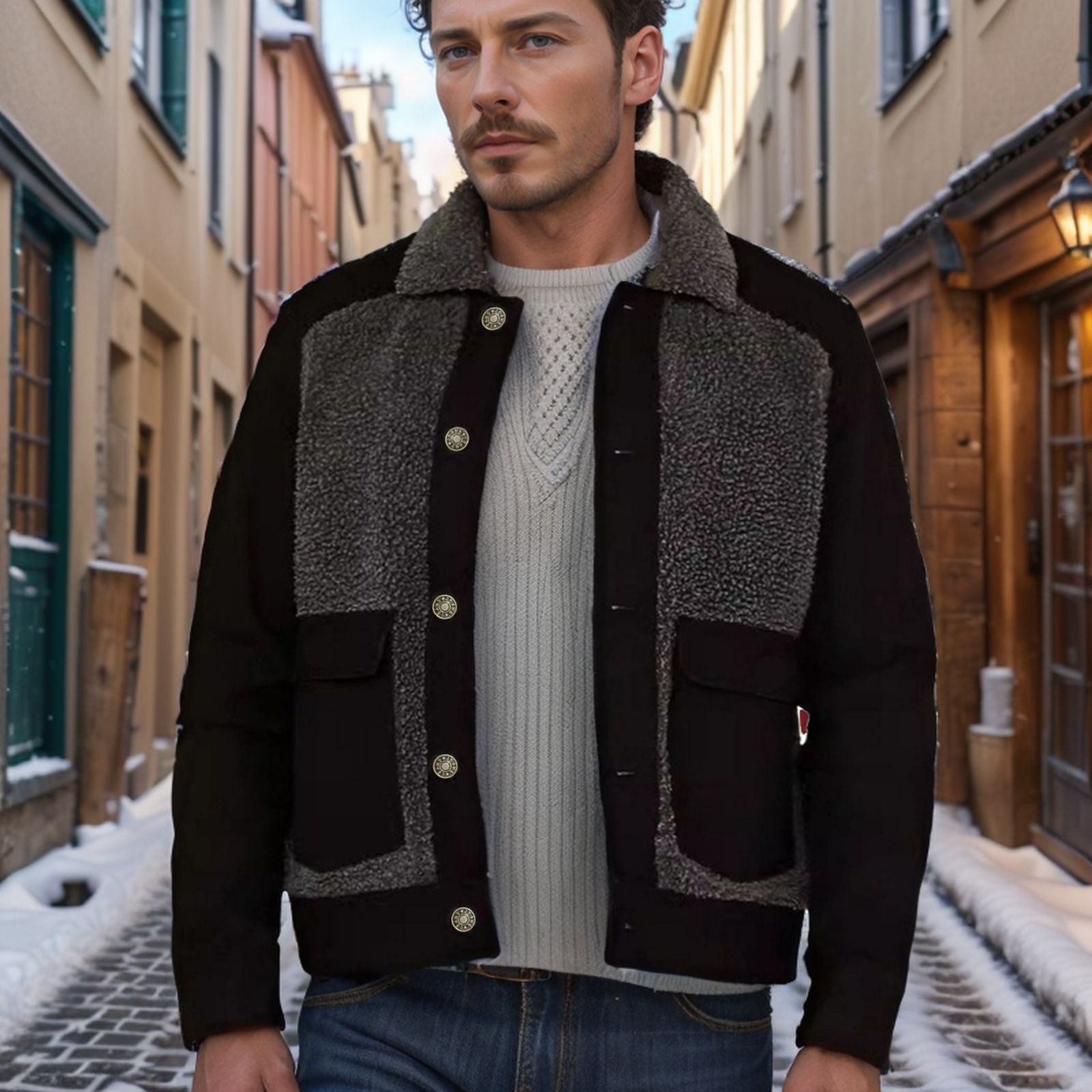 Herren Overshirt-Jacke mit Teddyfutter, aufgesetzten Pattentaschen und Knopfleiste Chichicherry