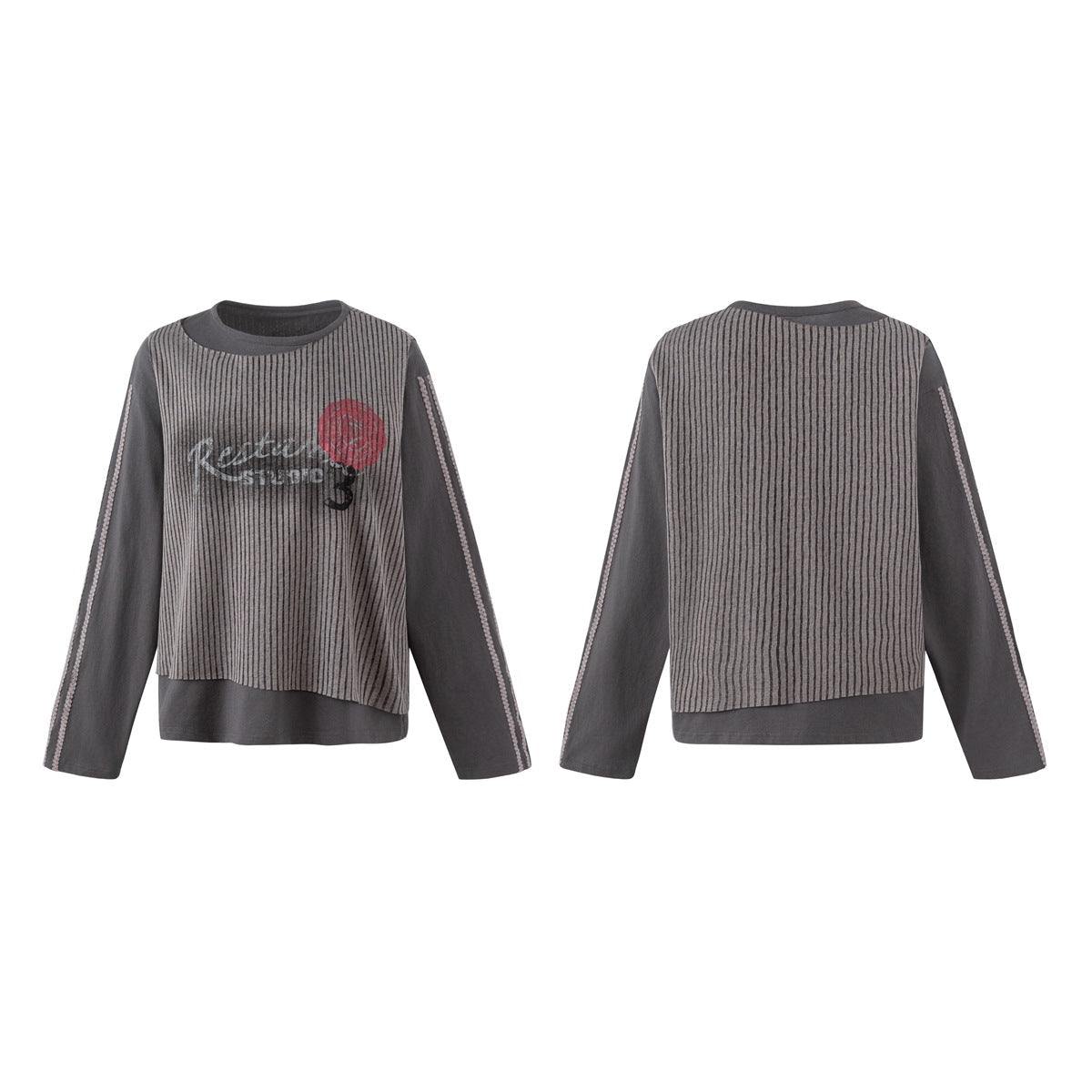 Women's Layered Long Sleeve Shirt with Striped Front Panel and Lace Band Chichicherry