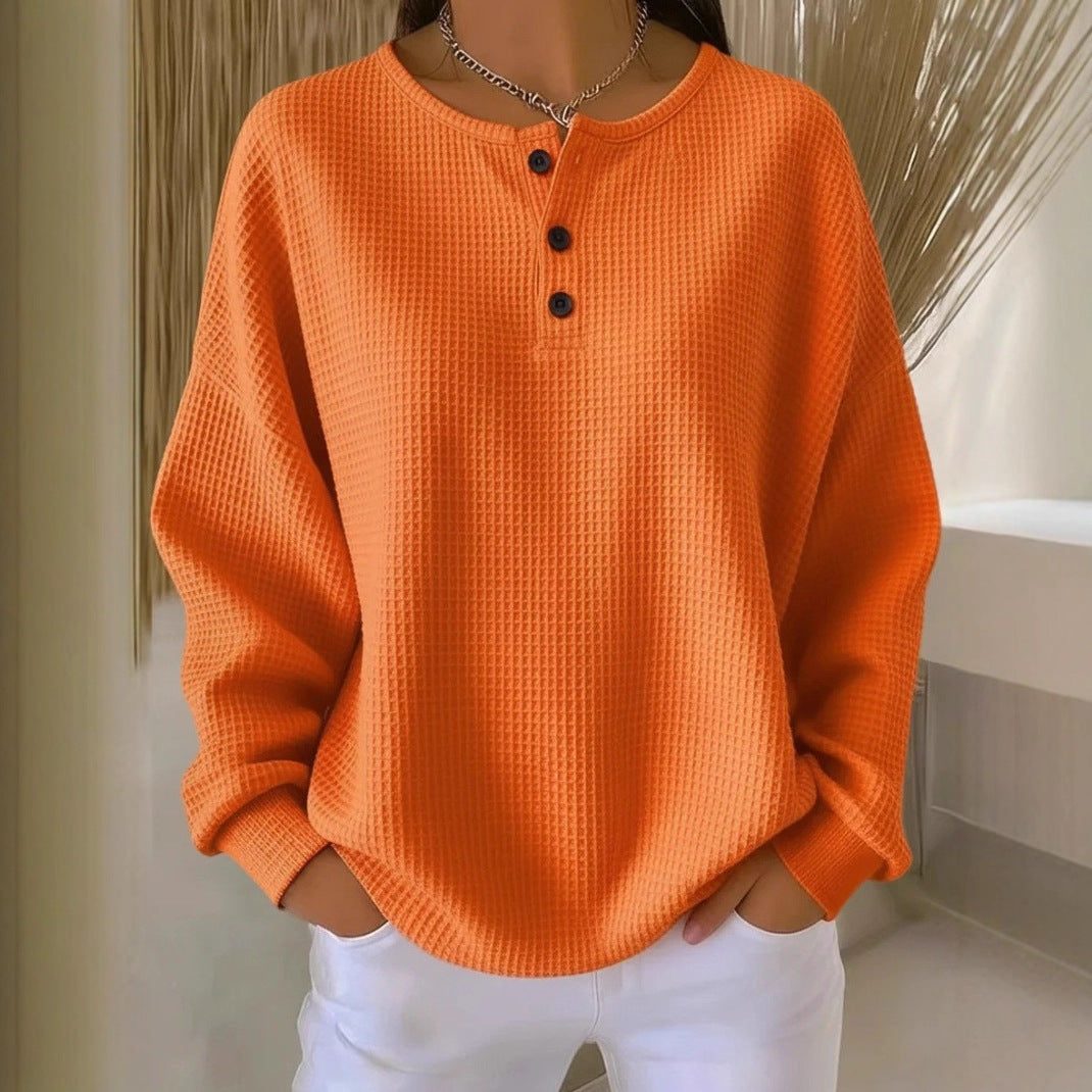 Women Oversize Waffle Knit Henley Shirt with Placket and Round Neck Chichicherry