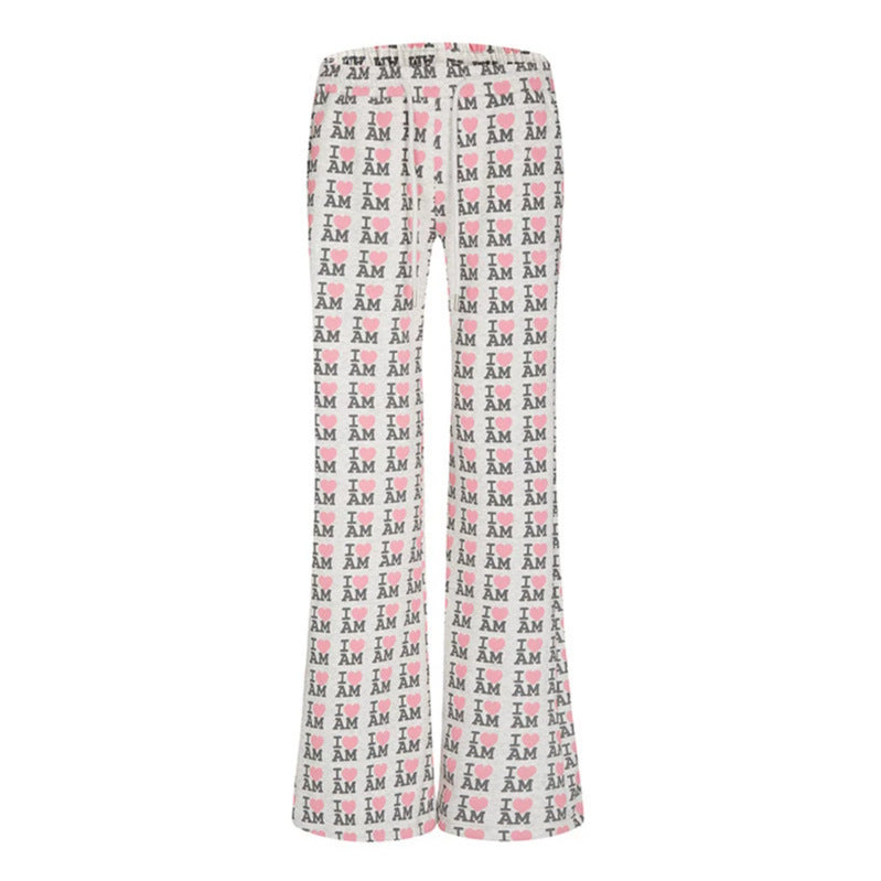 Women's High-Waist Lounge Pants with Flared Leg Cut, Drawstring and Allover Statement Print Chichicherry