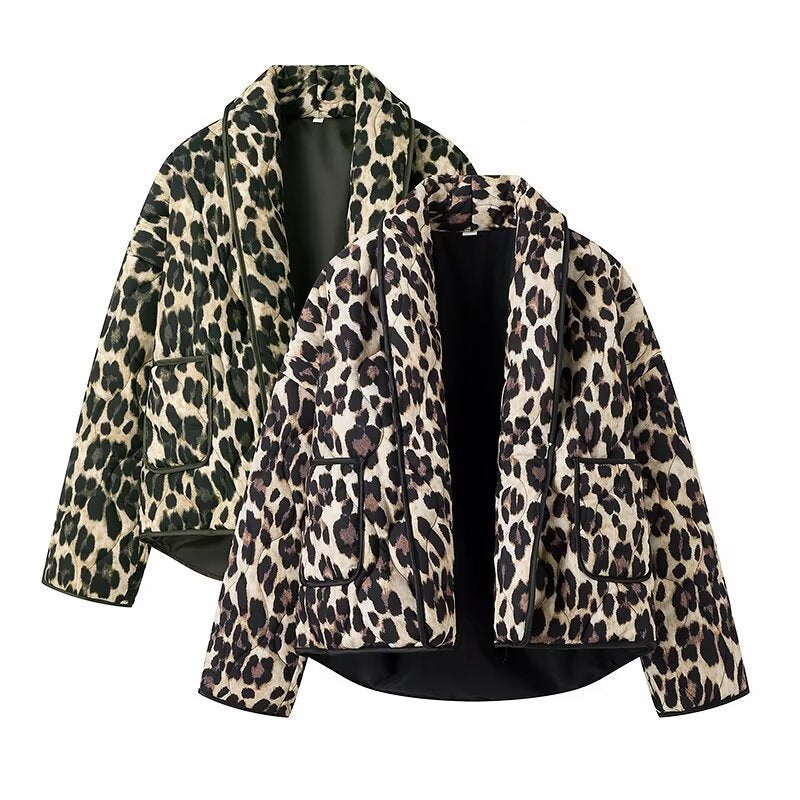 Women's Padded Short Jacket in Leopard Print with Shawl Collar and Patch Pockets Chichicherry