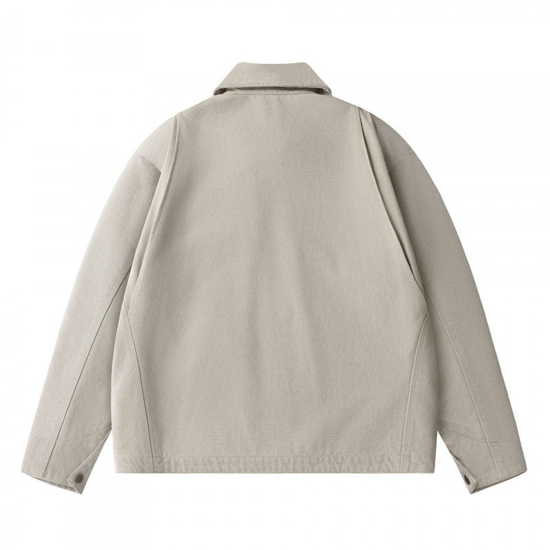 Unisex Boxy Short Jacket in Worker Blouson Style with Shirt Collar and Concealed Zip Chichicherry