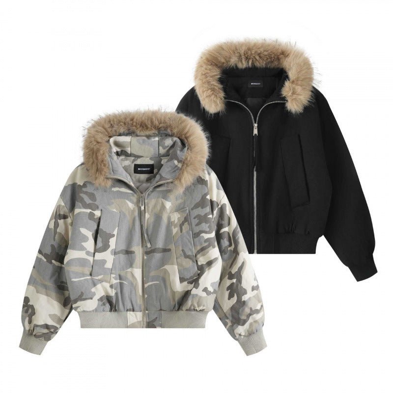 Women Short Boxy Bomber with Hood and Removable Faux Fur Trim Chichicherry