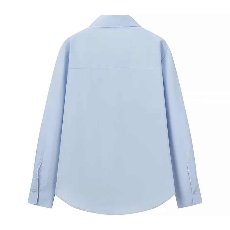 Women's Loose-Fitting Poplin Blouse with Ruffle Trim and Shirt Collar Chichicherry