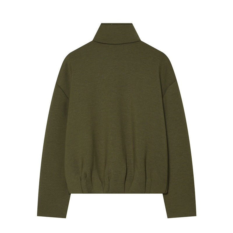 Women Boxy Cropped Stand Collar Cardigan with Full Zip and Dropped Shoulder Chichicherry