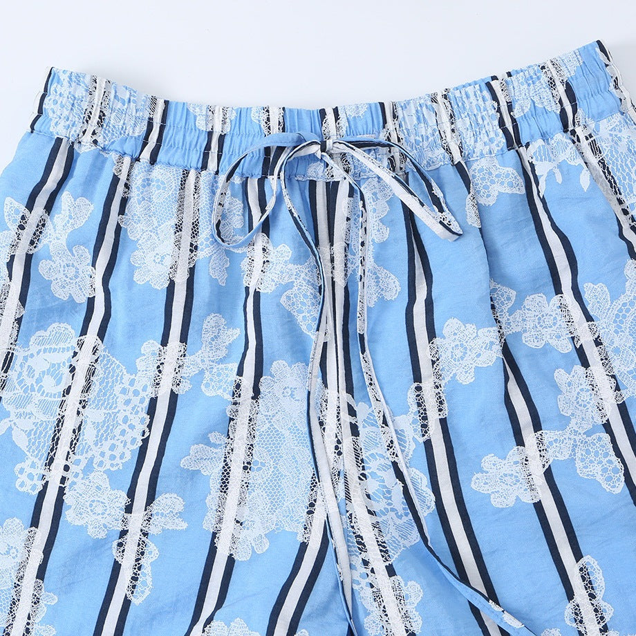 Women's wide palazzo pants with elastic drawstring waistband and floral lace look Chichicherry