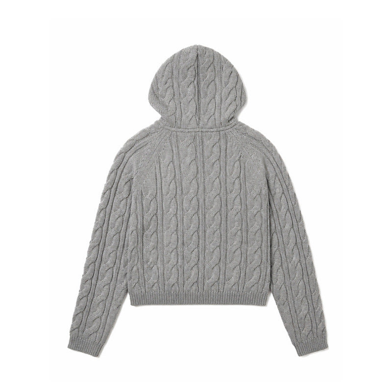 Women Hooded Braid Knit Cardigan with Zipper and Raglan Sleeves Chichicherry