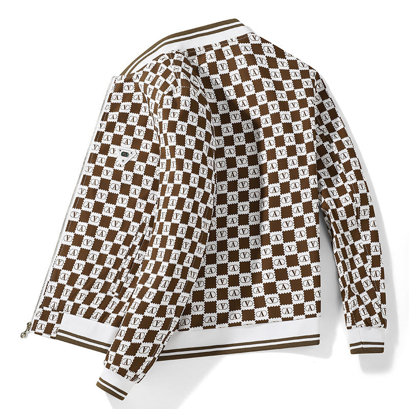 Men's Printed Bomber Jacket in Retro-Inspired Logo Pattern with Ribbed Cuffs Chichicherry