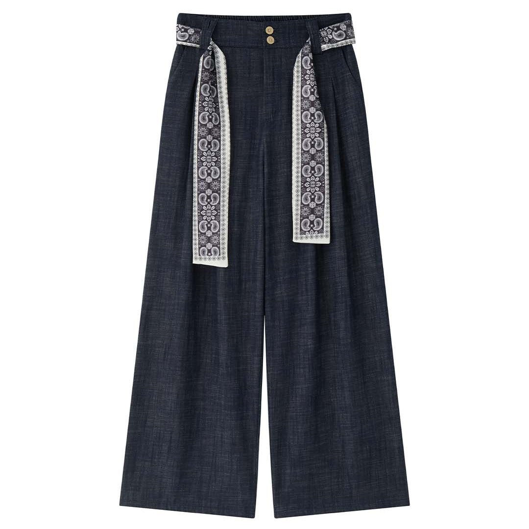 Women Wide Relaxed Palazzo with Pleats and Bandana Tie Belt Chichicherry