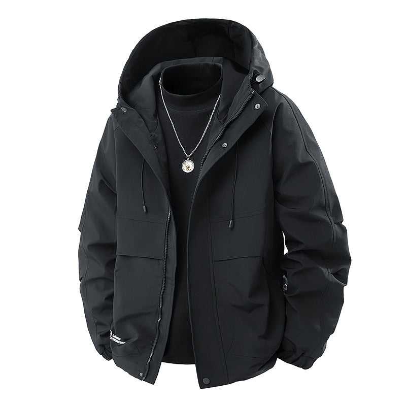 Men's Minimalist Tech Softshell Parka with Hood, Concealed Zipper and Cargo Chest Pockets Chichicherry