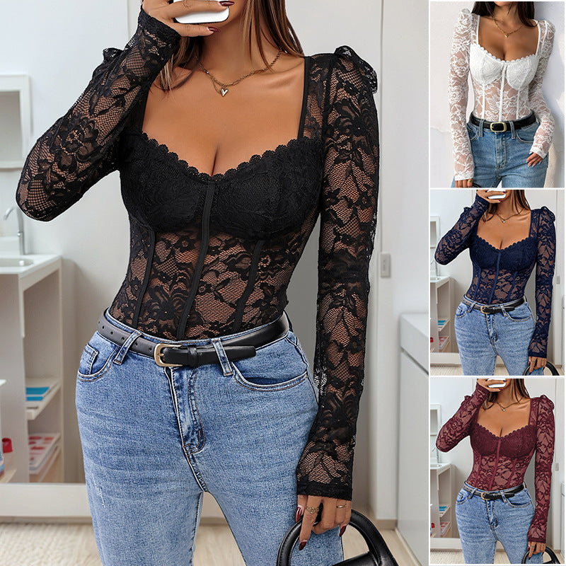 Women's Shaping Lace Bodysuit with Corset Seams and Long Transparent Sleeves