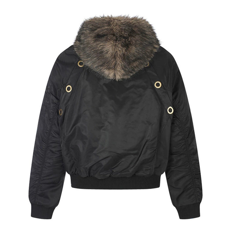 Women's short-cut bomber jacket with faux fur hood and eyelet application Chichicherry