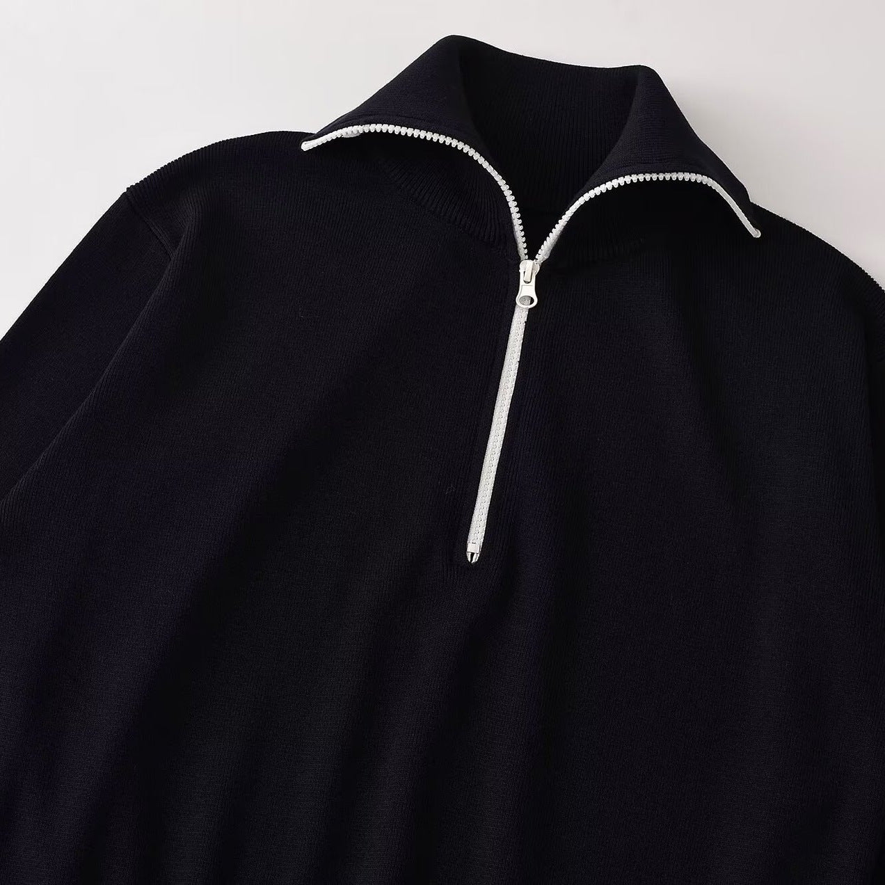 Women Oversize Half-Zip Knit Sweater with Stand-Up Collar and Ribbed Cuffs Chichicherry