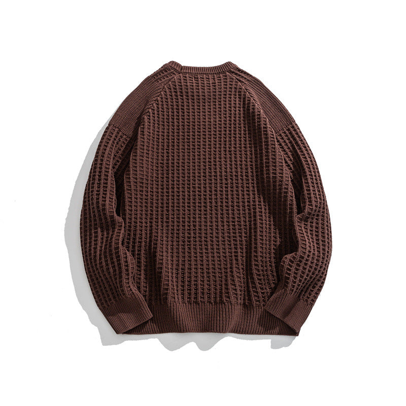 Men's Structured Waffle Knit Crew Neck Sweater with Raglan Sleeves Chichicherry