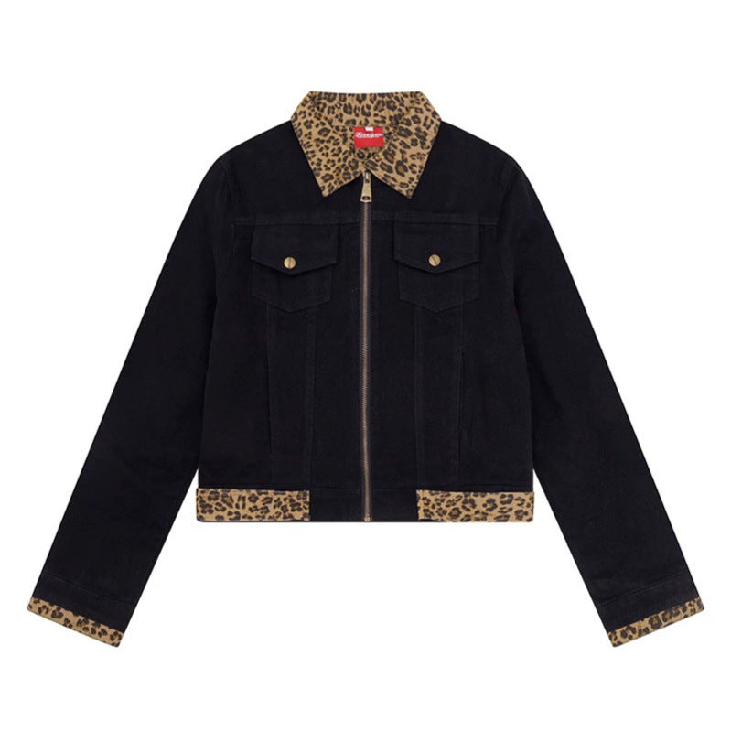 Women’s Short Cut Denim Trucker Jacket with Leopard Contrast Collar and Cuffed Sleeves Chichicherry