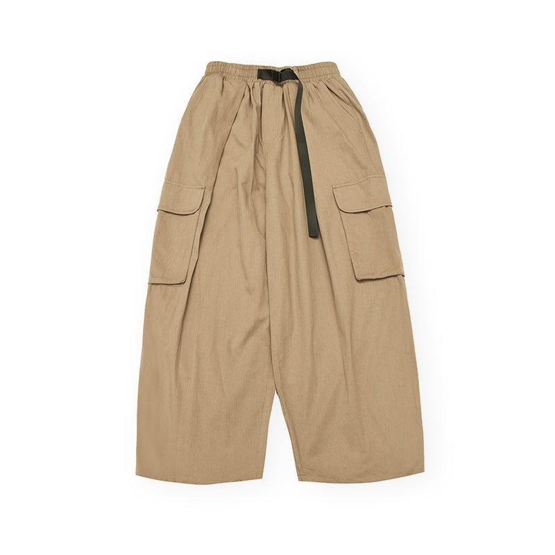 Unisex Wide Cargo Pants in Cropped Utility Style with Drawstring Waistband and Large Flap Pockets Chichicherry