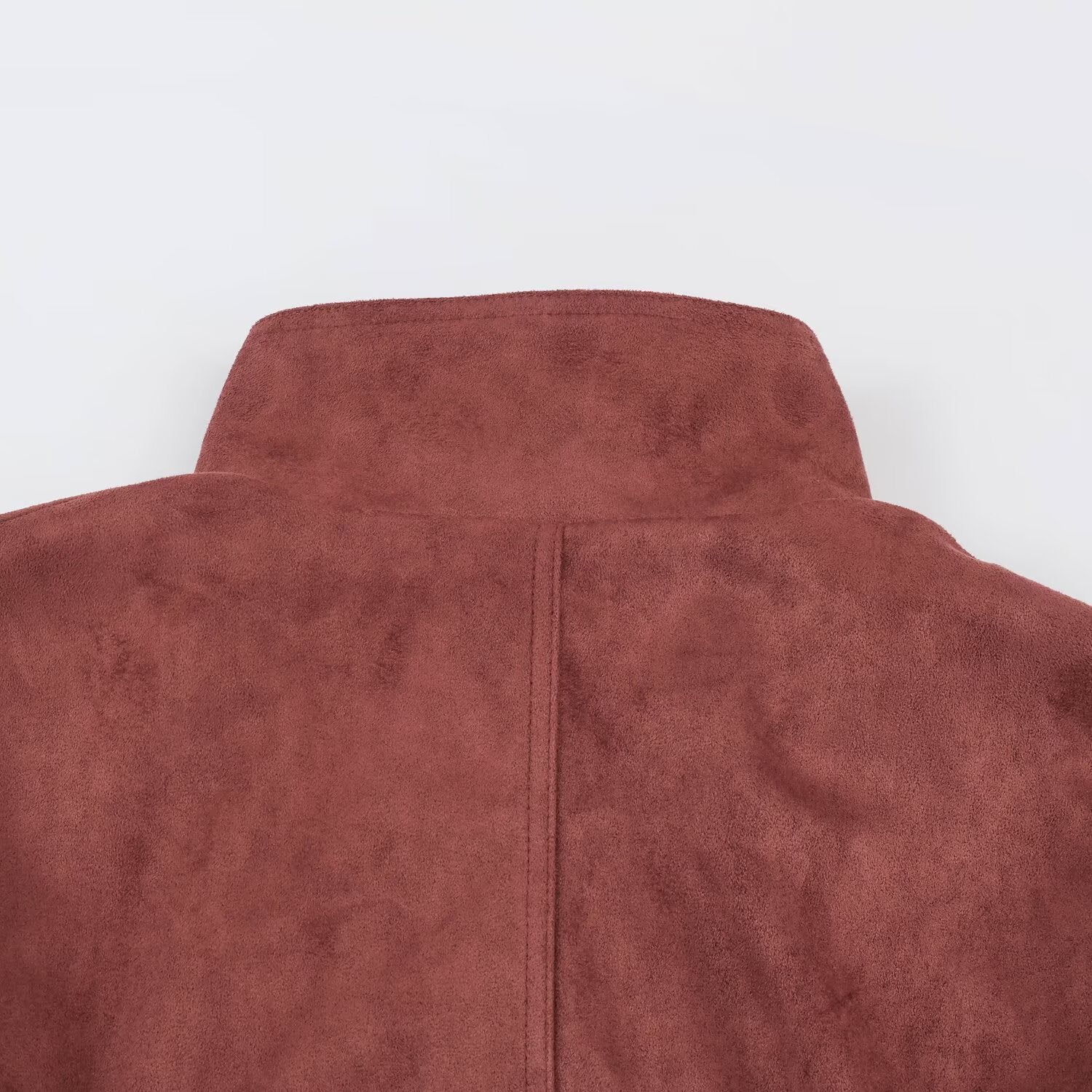 Women's short jacket in velvet look with high funnel collar, concealed closure and waist tie belt Chichicherry