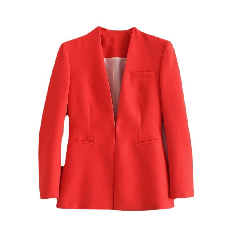Women Tailored Blazer without Lapels with Open Front and Welt Pockets Chichicherry