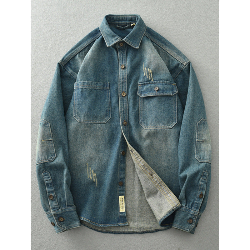 Herren Denim-Hemdjacke im Used-Look mit aufgesetzten Brusttaschen und Knopfleiste Chichicherry