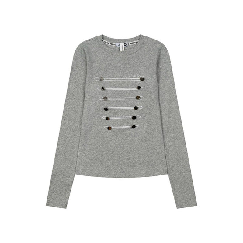 Women's Long Sleeve Shirt with Decorative Cord and Button Application Chichicherry