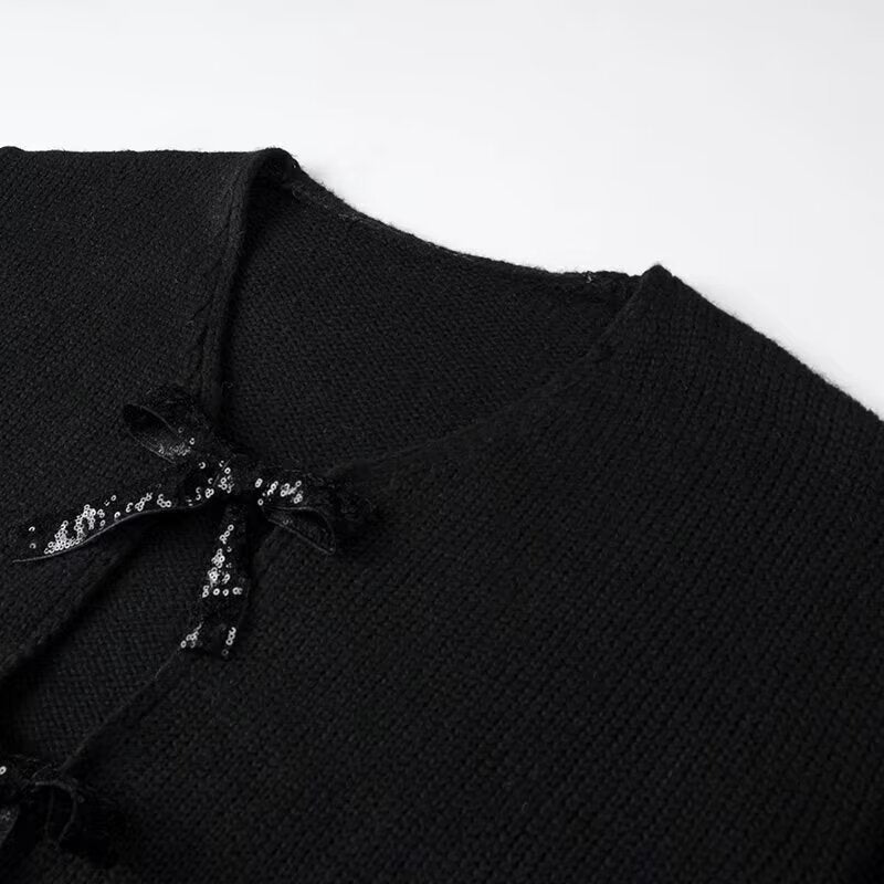 Women Oversized Knitted Cardigan with V-Neck and Sequin Bows Chichicherry