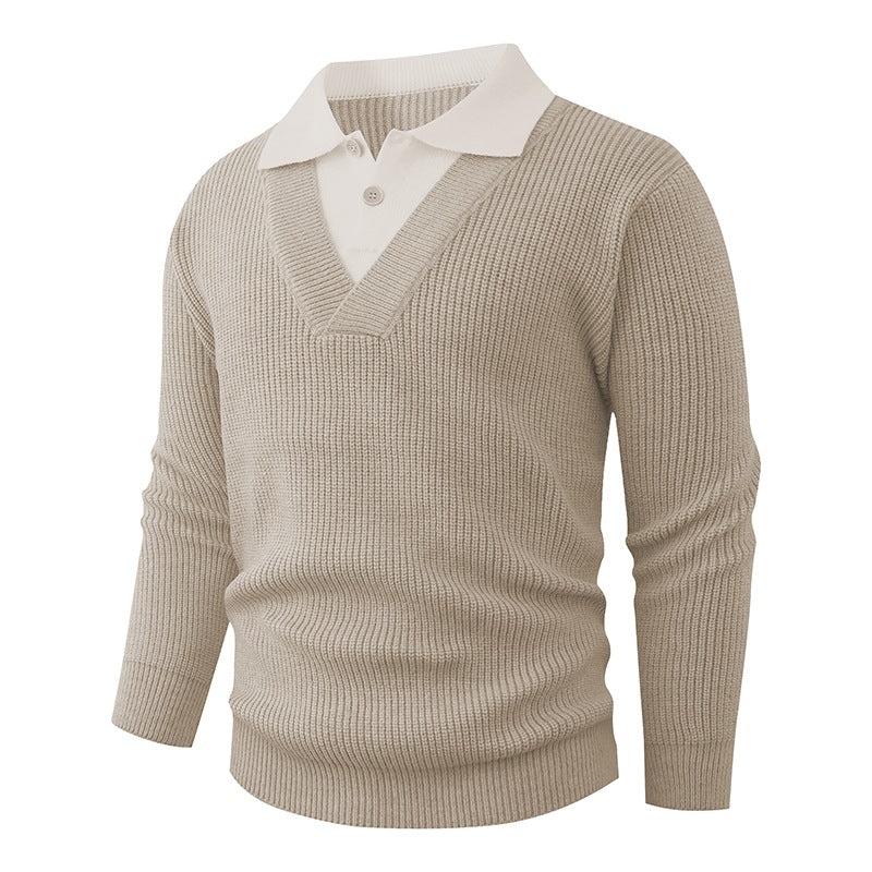 Men's fine knit pullover with integrated polo collar and deep V-neck Chichicherry
