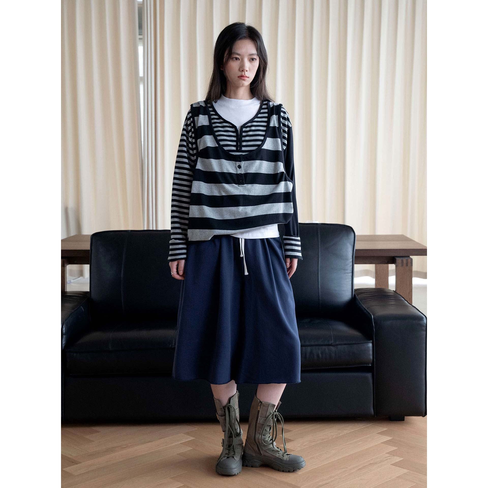 Women Oversized Stripe Henley Shirt with Button Placket and Drop Shoulder Chichicherry