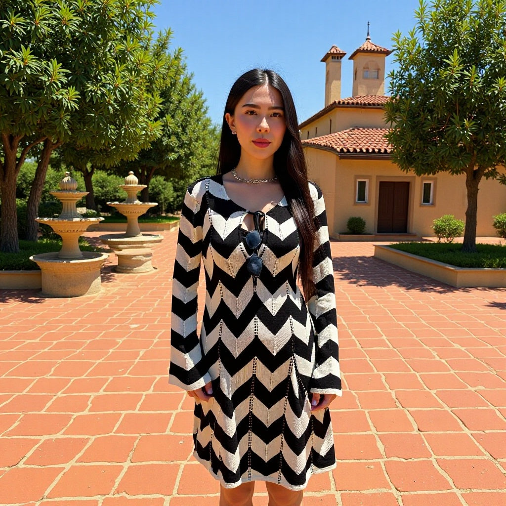 Women's knit maxi dress with zigzag pattern, v-back and trumpet sleeves Chichicherry