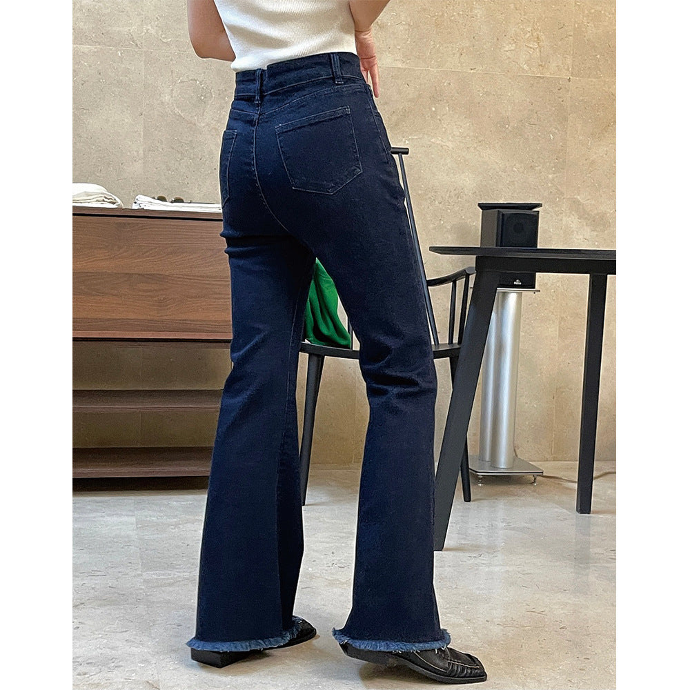 Ladies High-Waist Flared Jeans with Light Bootcut and Frayed Hem Chichicherry