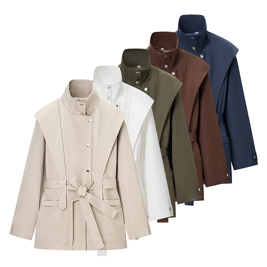 Women's Tailored Transition Jacket with Stand Collar, Shoulder Cape and Belt Chichicherry