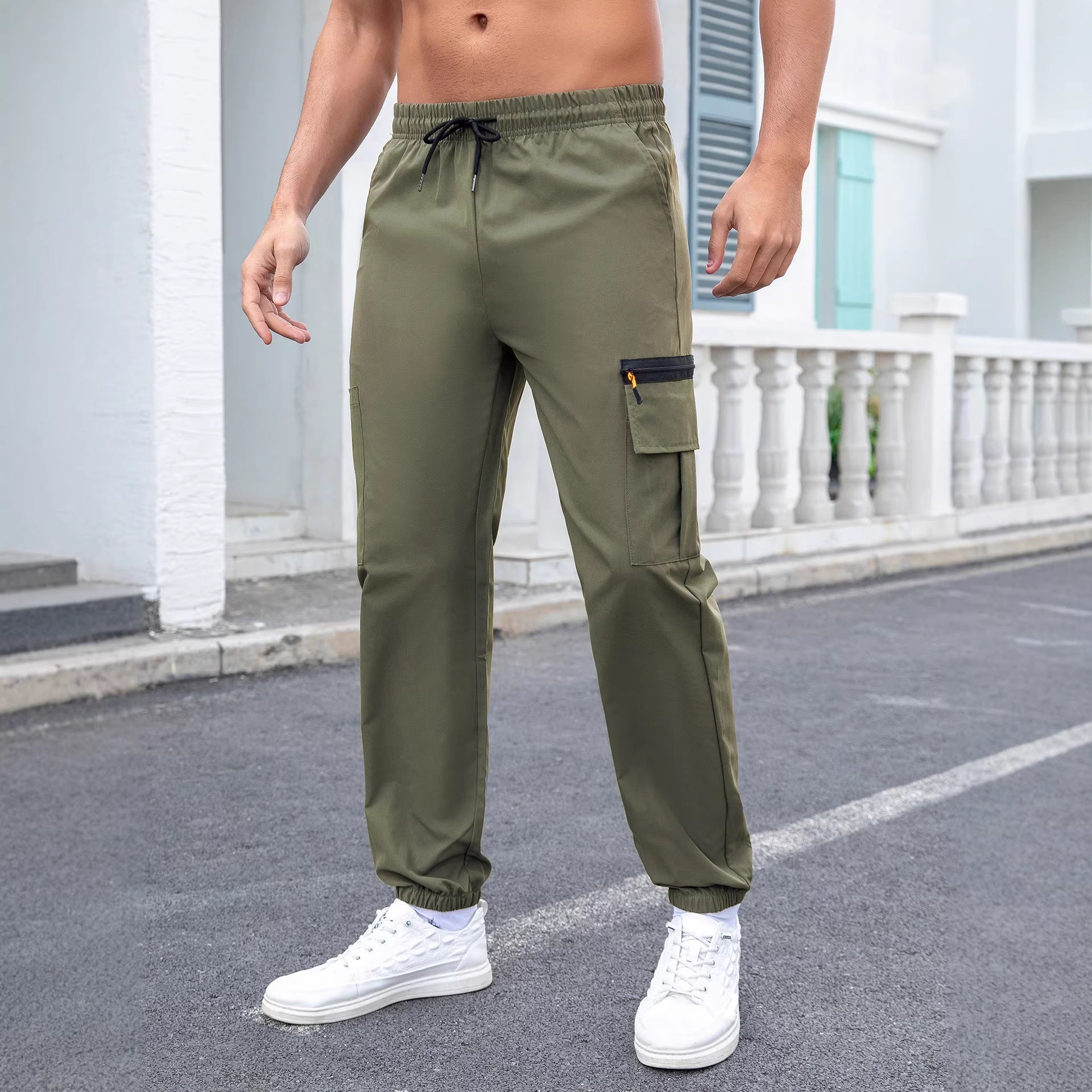 Men's Tech Cargo Jogging Pants with Elastic Drawstring, Zipper Leg Pocket & Fitted Ankle Cuff Chichicherry