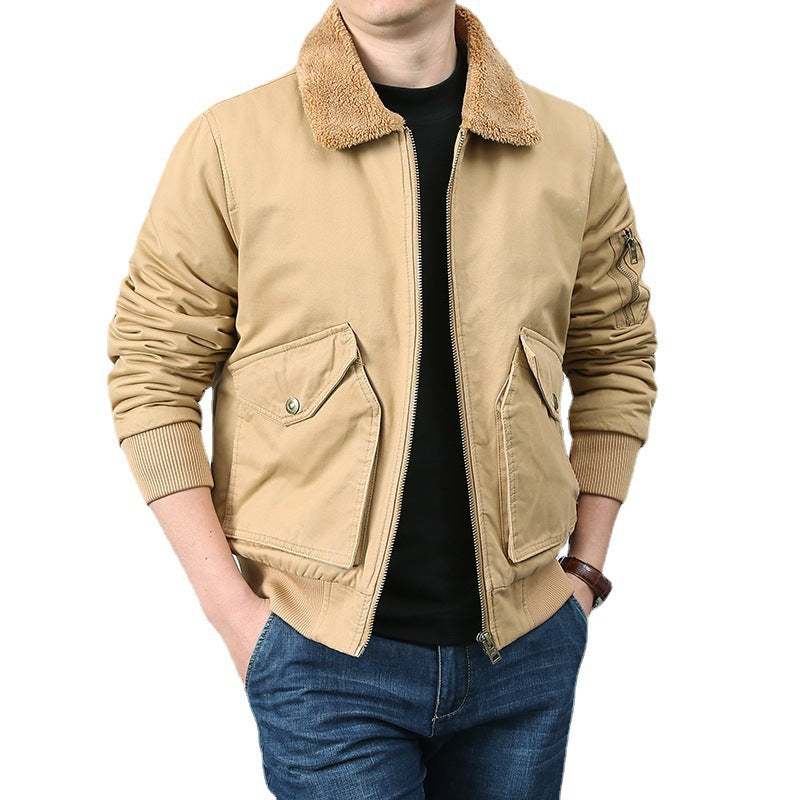 Men's Short Cut Bomber Jacket in Pilot Style with Teddy Collar, Utility Pockets and Ribbed Cuffs Chichicherry