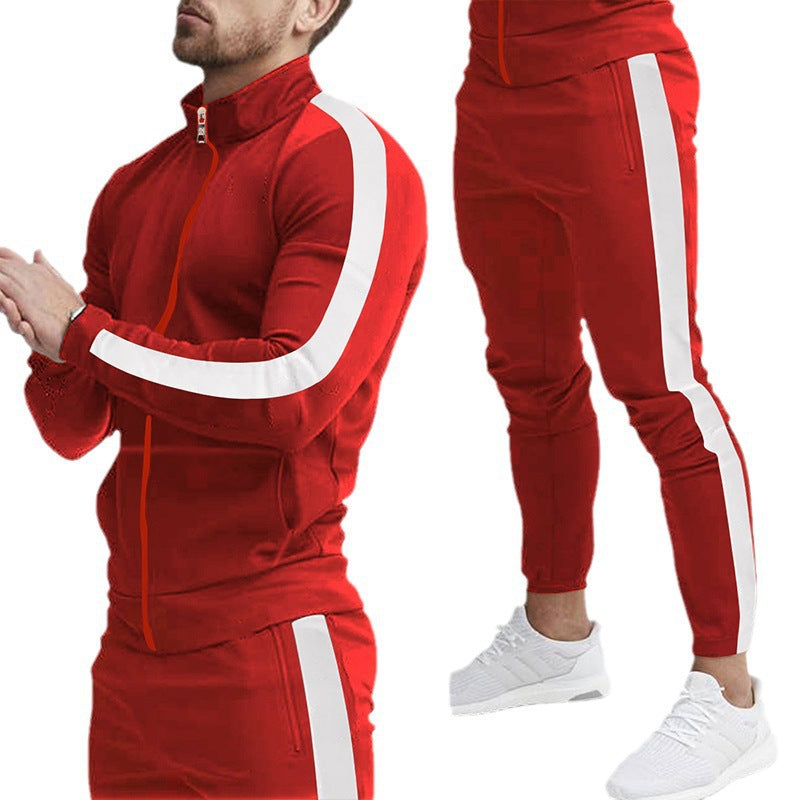 Men's Stylish Tapered Training Suit in Retro Stripe Look with Stand-Up Collar Chichicherry